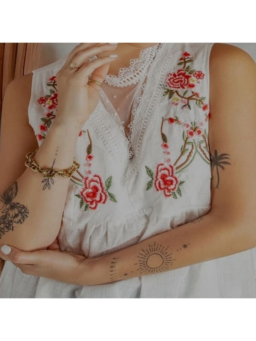 #03XX NWT White Embroidered Sleeveless Peplum Blouse Boho Floral Lace Top Medium - Picture 5 of 8
